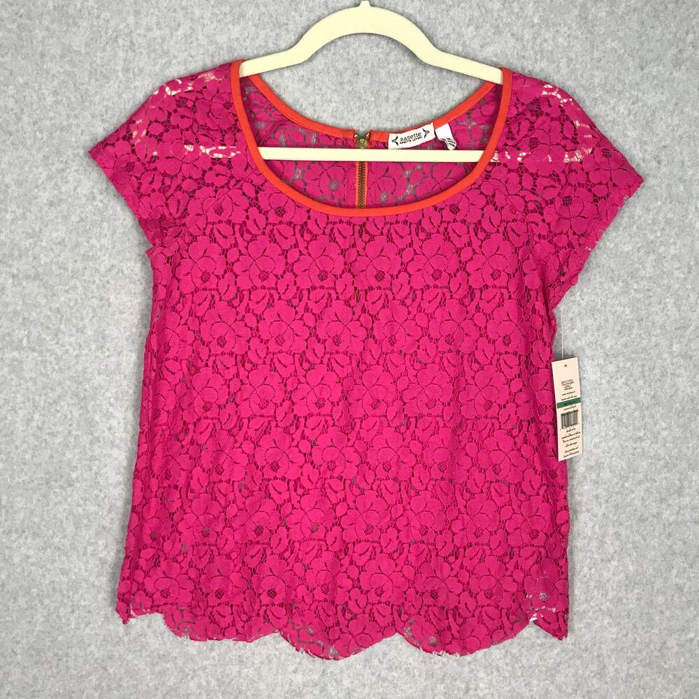Nanette Lepore‎ Top Womens Medium Pink Floral Lace Scalloped Feminine Sheer Twee